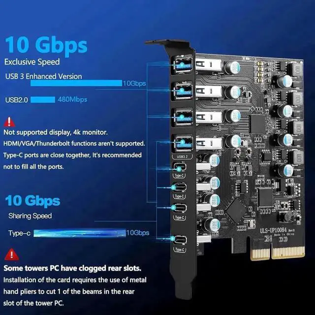 Alt view image 5 of 7 - Vszerda 8-Port PCI-E USB 3.2 Gen2 Expansion Card, 4 USB-A + 4 USB-C 10Gbps PCI Express Hub Adapter, Compatible PCIe x4/x8/x16 Slot for Desktop Motherboard