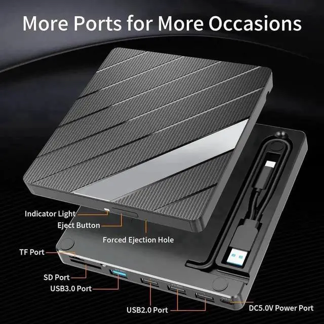 Alt view image 2 of 7 - Vszerda 8 in 1 USB 3.0 Type-C Portable External CD DVD RW Burner Optical Drive with 4 USB-A SD TF Card Reader Fast 24X DVD 8X CD Speed Compatible with Laptop PC Windows MacOS