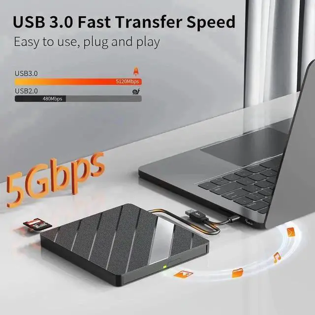 Alt view image 3 of 7 - Vszerda 8 in 1 USB 3.0 Type-C Portable External CD DVD RW Burner Optical Drive with 4 USB-A SD TF Card Reader Fast 24X DVD 8X CD Speed Compatible with Laptop PC Windows MacOS