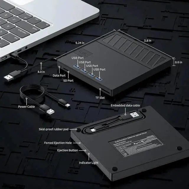 Alt view image 3 of 7 - Vszerda 7 in 1 Ultra Slim USB External CD DVD RW Burner Portable Optical Drive with 4 USB Ports SD TF Card Reader Compatible with Laptop Desktop Windows 11/10/8/7 Linux MacOS