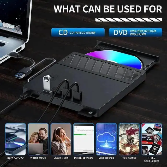 Alt view image 7 of 7 - Vszerda 7 in 1 Ultra Slim USB External CD DVD RW Burner Portable Optical Drive with 4 USB Ports SD TF Card Reader Compatible with Laptop Desktop Windows 11/10/8/7 Linux MacOS