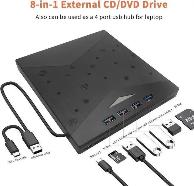 Alt view image 3 of 7 - Vszerda 7 in 1 USB 3.0 Type-C External CD DVD RW Burner Optical Drive with SD TF Card Reader 4 USB Expansion Ports for Laptop Desktop Windows 11/10/8/7 Linux MacOS