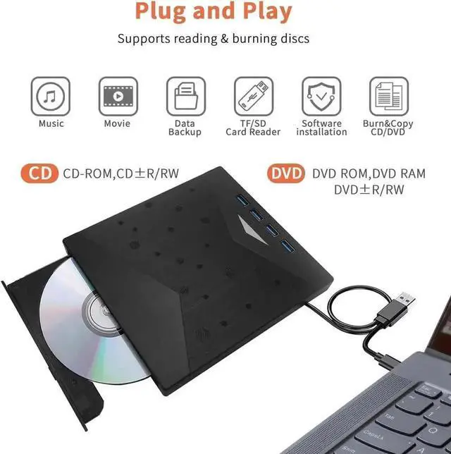 Alt view image 5 of 7 - Vszerda 7 in 1 USB 3.0 Type-C External CD DVD RW Burner Optical Drive with SD TF Card Reader 4 USB Expansion Ports for Laptop Desktop Windows 11/10/8/7 Linux MacOS
