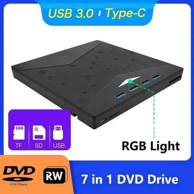 Alt view image 7 of 7 - Vszerda 7 in 1 USB 3.0 Type-C External CD DVD RW Burner Optical Drive with SD TF Card Reader 4 USB Expansion Ports for Laptop Desktop Windows 11/10/8/7 Linux MacOS