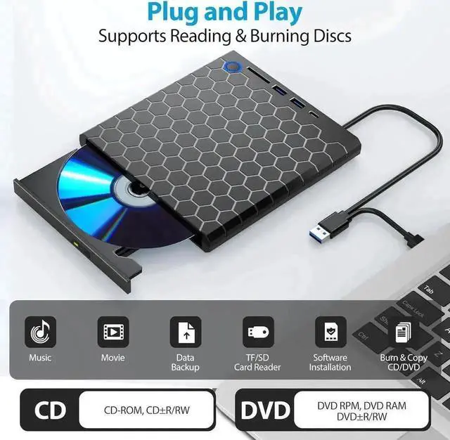 Alt view image 3 of 7 - Vszerda 6-in-1 USB 3.0 USB-C Portable External CD DVD RW Optical Drive Reader Player with 2 USB-A SD TF Card Reader Compatible with Laptop Desktop Windows 11/10/8/7 Linux MacOS