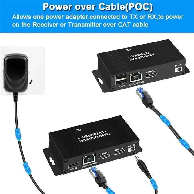 Alt view image 4 of 7 - Vszerda HDMI KVM Extender 1080P@60Hz, Transmitter & Receiver Over Cat5e/Cat6 Cable Up to 60M/196FT, Support USB Keyboard Mouse, Plug & Play