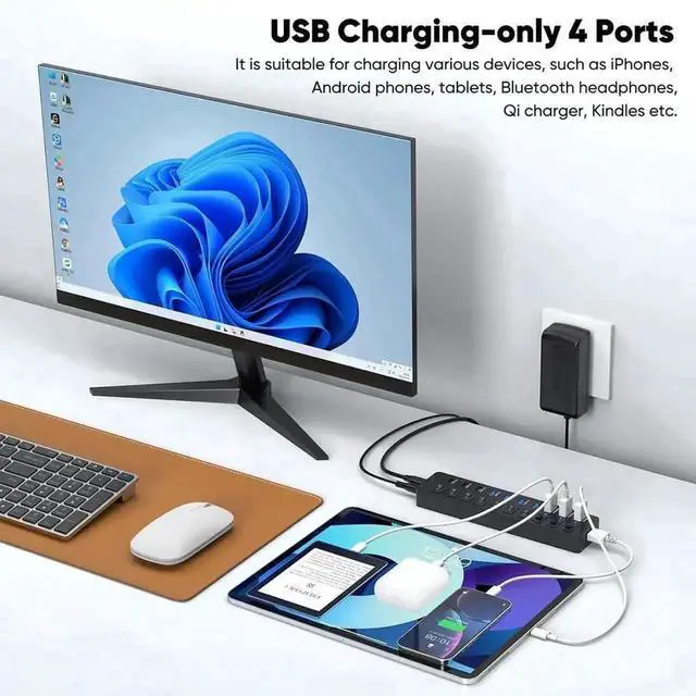 Alt view image 2 of 7 - 11-Port Powered USB 3.2 Multiport Expander with Independent Switches, 3×10Gbps USB-C/USB-A 3.2 Gen2 + 4×5Gbps USB3.0 + 4 Smart Charging Ports, 12V Power Adapter for Laptops, PC, Phones & External SSDs