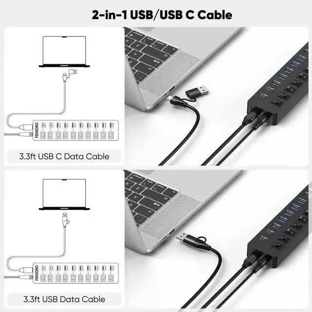 Alt view image 3 of 7 - 11-Port Powered USB 3.2 Multiport Expander with Independent Switches, 3×10Gbps USB-C/USB-A 3.2 Gen2 + 4×5Gbps USB3.0 + 4 Smart Charging Ports, 12V Power Adapter for Laptops, PC, Phones & External SSDs