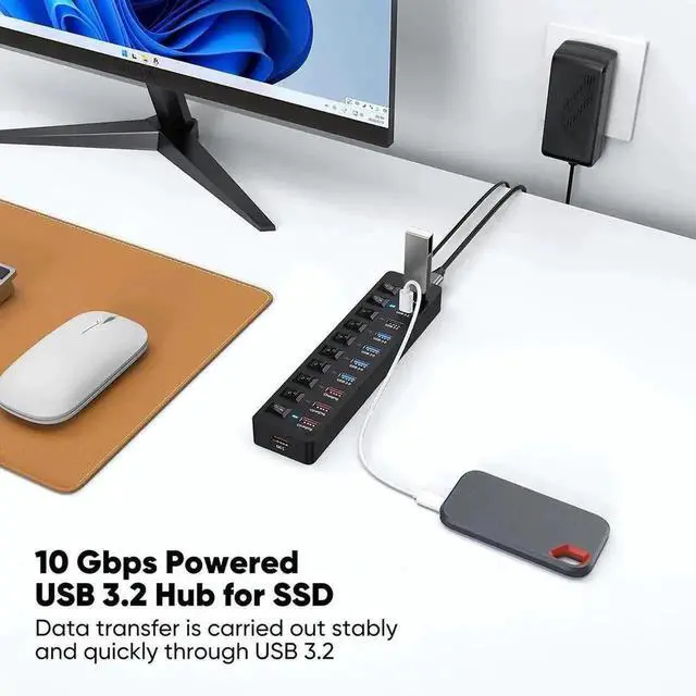 Alt view image 6 of 7 - 11-Port Powered USB 3.2 Multiport Expander with Independent Switches, 3×10Gbps USB-C/USB-A 3.2 Gen2 + 4×5Gbps USB3.0 + 4 Smart Charging Ports, 12V Power Adapter for Laptops, PC, Phones & External SSDs