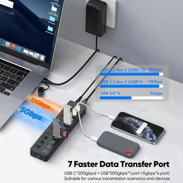 Alt view image 7 of 7 - 11-Port Powered USB 3.2 Multiport Expander with Independent Switches, 3×10Gbps USB-C/USB-A 3.2 Gen2 + 4×5Gbps USB3.0 + 4 Smart Charging Ports, 12V Power Adapter for Laptops, PC, Phones & External SSDs