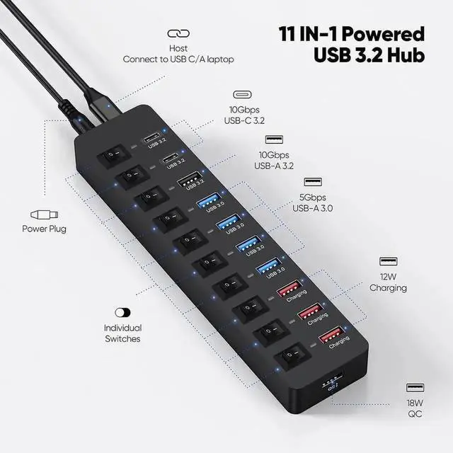 Alt view image 4 of 7 - 11-Port Powered USB 3.2 Multiport Expander with Independent Switches, 3×10Gbps USB-C/USB-A 3.2 Gen2 + 4×5Gbps USB3.0 + 4 Smart Charging Ports, 12V Power Adapter for Laptops, PC, Phones & External SSDs