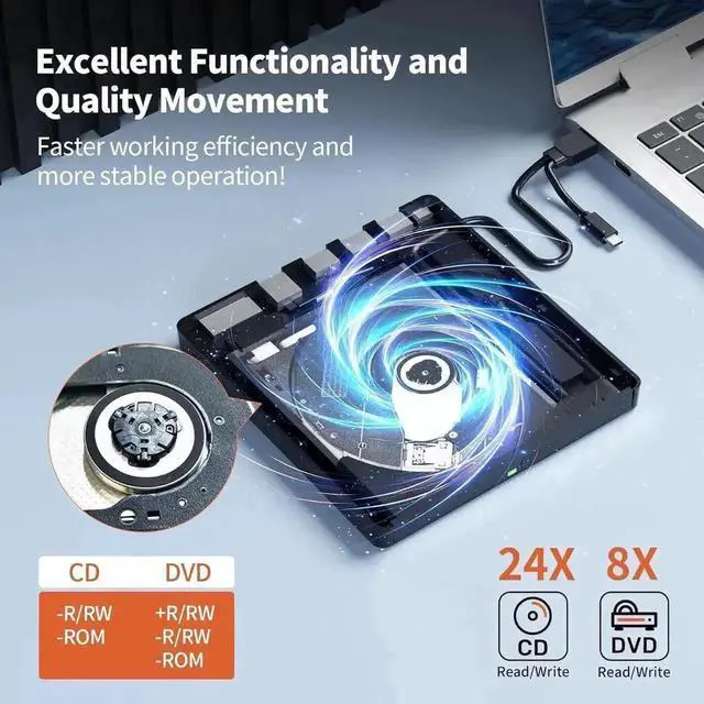 Alt view image 4 of 7 - Vszerda 7-in-1 External CD DVD RW Drive, Portable USB DVD Burner with 4 USB-A Ports & SD/TF Card Reader, 8X CD 24X DVD High Speed, Compatible with Windows 7/10/11 & MacOS Laptops