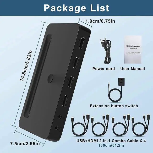 Alt view image 6 of 7 - Vszerda 4 In 1 Out HDMI KVM Switch 4K@60Hz, 4 Port KVM Switcher with Audio Mic & 3 USB Ports, Wired Remote, 4 Combo Cables & USB Power Cable Included