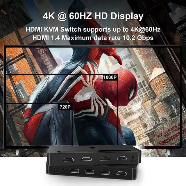 Alt view image 7 of 7 - Vszerda 4 In 1 Out HDMI KVM Switch 4K@60Hz, 4 Port KVM Switcher with Audio Mic & 3 USB Ports, Wired Remote, 4 Combo Cables & USB Power Cable Included