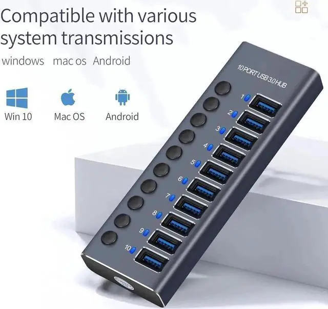 Alt view image 4 of 7 - Vszerda 10 Port Powered USB 3.0 Hub Splitter with Independent LED On/Off Switches, High Speed Data Transfer USB Hub with Power Adapter for Mac, PC Desktop & Laptop