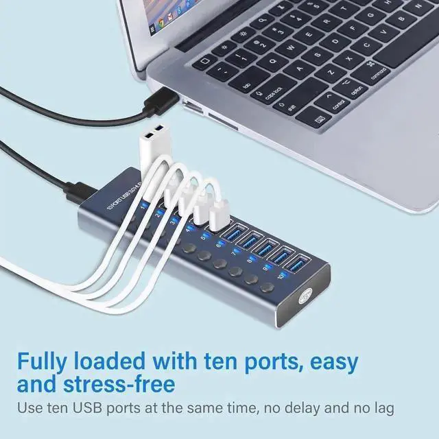 Alt view image 7 of 7 - Vszerda 10 Port Powered USB 3.0 Hub Splitter with Independent LED On/Off Switches, High Speed Data Transfer USB Hub with Power Adapter for Mac, PC Desktop & Laptop