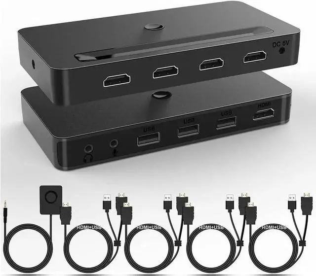 Main image of Vszerda 4-Port 4x1 HDMI KVM Switch 4K@60Hz, Built-in Audio Mic & 3 USB Hub, Wired Remote, 4 Combo Cables + USB Power Cable Included