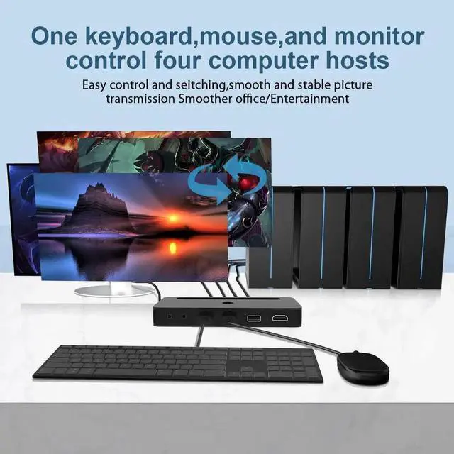 Alt view image 4 of 7 - Vszerda 4-Port 4x1 HDMI KVM Switch 4K@60Hz, Built-in Audio Mic & 3 USB Hub, Wired Remote, 4 Combo Cables + USB Power Cable Included