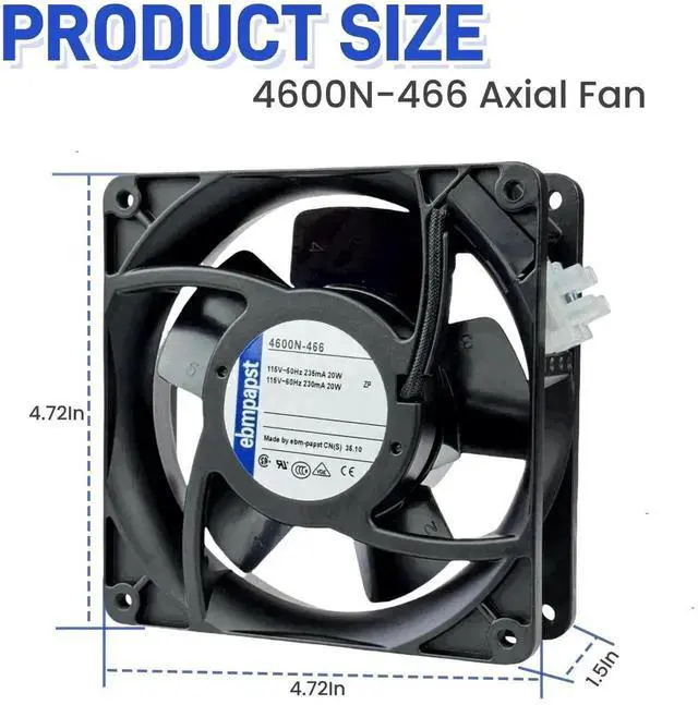 Alt view image 7 of 7 - Vszerda ebmpapst 4600N-466 Industrial Axial Cooling Fan, 119×119×38mm 115V AC 20W 106CFM All-Metal Heat Resistant Cabinet Exhaust Fan
