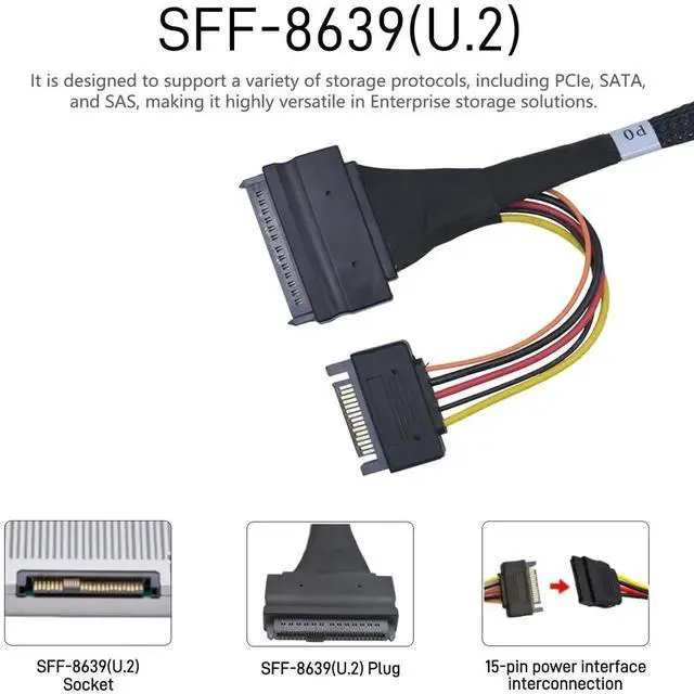 Alt view image 3 of 6 - Vszerda PCIe 5.0 MCIO x8 SFF-TA-1016 Breakout Cable, MCIO 74Pin Host to Dual SFF-8639 U.2 NVMe SSD with 15Pin SATA Power, 2.1ft (65CM) Enterprise Storage Cable