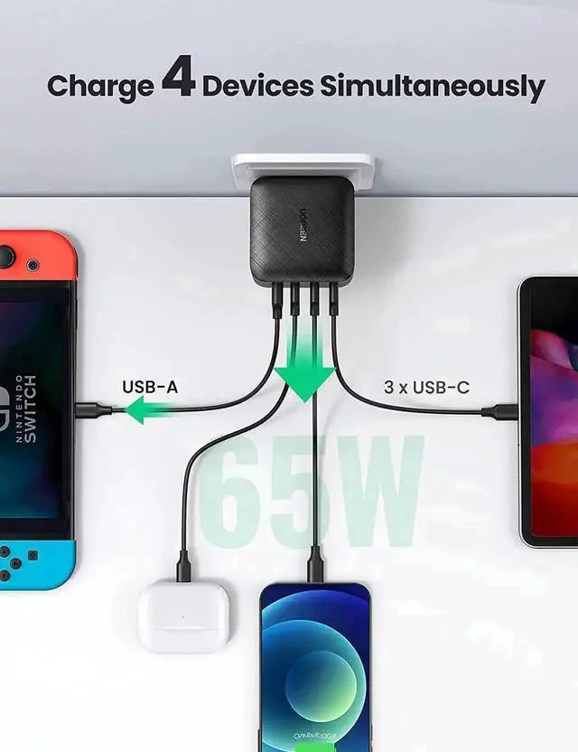 Alt view image 3 of 7 - Vszerda 65W GaN 4-Port USB C Fast Charger PPS PD Type C Power Adapter Multi Port Fast Charging Block Compatible with MacBook Pro Air, iPhone, iPad Pro, Samsung Galaxy, Dell XPS & All USB-C Laptops