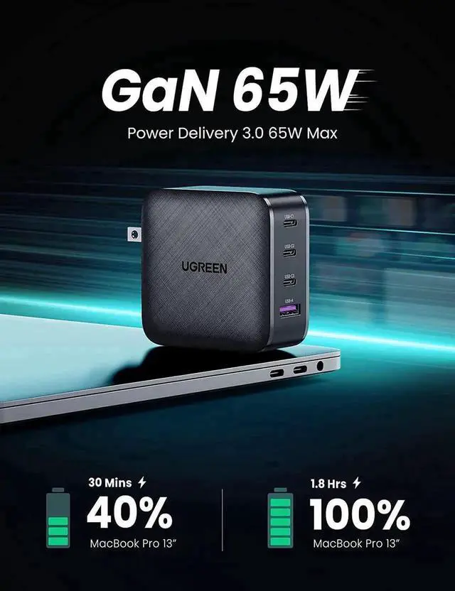 Alt view image 4 of 7 - Vszerda 65W GaN 4-Port USB C Fast Charger PPS PD Type C Power Adapter Multi Port Fast Charging Block Compatible with MacBook Pro Air, iPhone, iPad Pro, Samsung Galaxy, Dell XPS & All USB-C Laptops