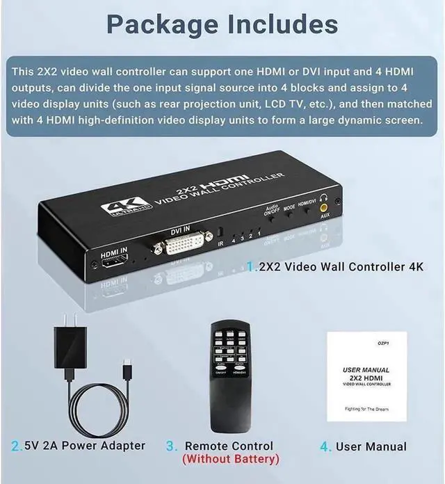 Alt view image 5 of 7 - 4K 2x2 HDMI Video Wall Controller, HDMI & DVI Dual Input to 4 HDMI Output Splicing Processor with SPDIF Audio & RS232 Control, 1080p@60Hz, 180° Image Rotation, 8 Multi-Screen Modes (2x2/1x2/1x3/1x4/2x