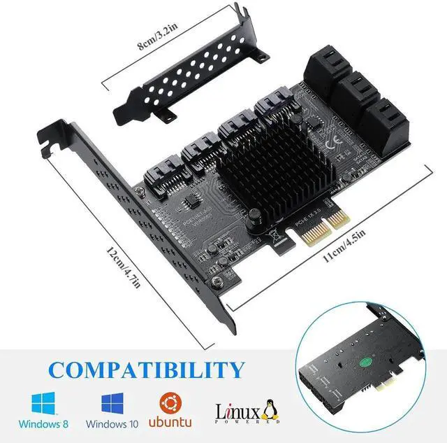 Alt view image 4 of 7 - Vszerda 10 Port PCIe X1 SATA 3.0 Expansion Card, 6Gbps ASM1166 SATA Controller Card Non-RAID, Comes with Low Profile Bracket & 10 SATA Cables, Support 10 SATA HDD/SSD