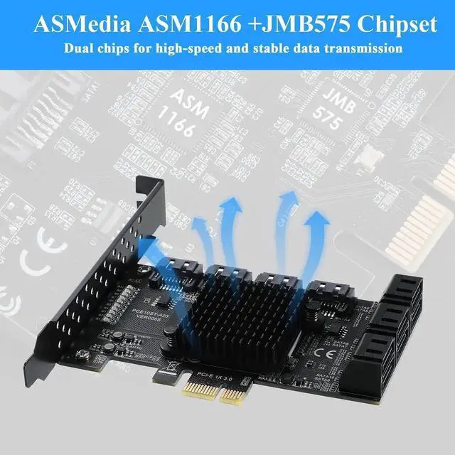 Alt view image 2 of 7 - Vszerda 10 Port PCIe X1 SATA 3.0 Expansion Card, 6Gbps ASM1166 SATA Controller Card Non-RAID, Comes with Low Profile Bracket & 10 SATA Cables, Support 10 SATA HDD/SSD