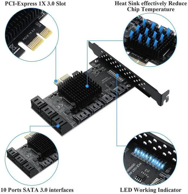 Alt view image 5 of 7 - Vszerda 10 Port PCIe X1 SATA 3.0 Expansion Card, 6Gbps ASM1166 SATA Controller Card Non-RAID, Comes with Low Profile Bracket & 10 SATA Cables, Support 10 SATA HDD/SSD