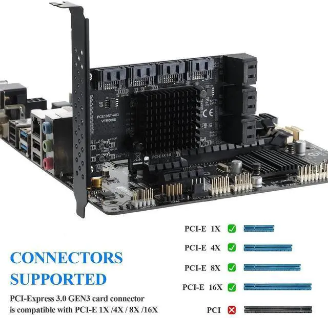 Alt view image 6 of 7 - Vszerda 10 Port PCIe X1 SATA 3.0 Expansion Card, 6Gbps ASM1166 SATA Controller Card Non-RAID, Comes with Low Profile Bracket & 10 SATA Cables, Support 10 SATA HDD/SSD