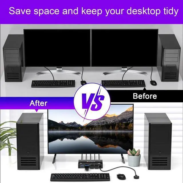 Alt view image 3 of 7 - Vszerda 2 Port DisplayPort KVM Switch, USB 3.0 4K@144Hz KVM Switcher for 2 PCs Share 1 Monitor & 4 USB Devices, Wired Remote Included