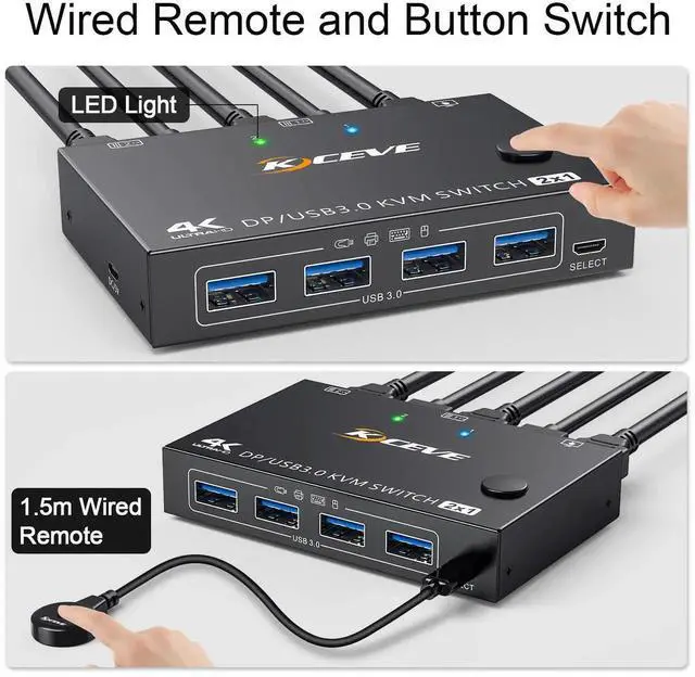 Alt view image 5 of 7 - Vszerda 2 Port DisplayPort KVM Switch, USB 3.0 4K@144Hz KVM Switcher for 2 PCs Share 1 Monitor & 4 USB Devices, Wired Remote Included