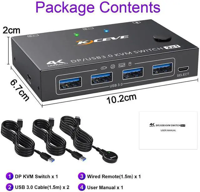 Alt view image 6 of 7 - Vszerda 2 Port DisplayPort KVM Switch, USB 3.0 4K@144Hz KVM Switcher for 2 PCs Share 1 Monitor & 4 USB Devices, Wired Remote Included