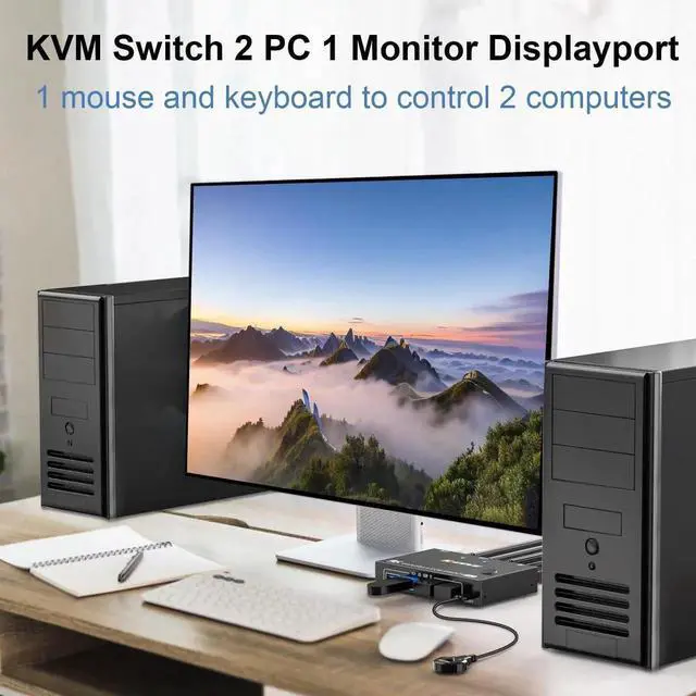 Alt view image 7 of 7 - Vszerda 2 Port DisplayPort KVM Switch, USB 3.0 4K@144Hz KVM Switcher for 2 PCs Share 1 Monitor & 4 USB Devices, Wired Remote Included