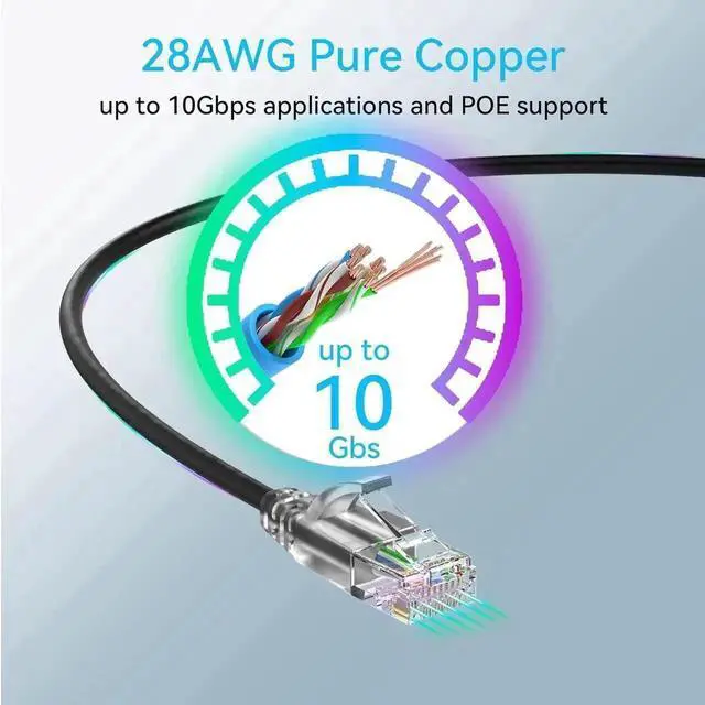 Alt view image 2 of 6 - Vszerda 24 Pack 2ft Black Slim Cat6a Ethernet Patch Cables, 28AWG Pure Copper Flexible LAN Cord, 10Gbps 550MHz High Speed Network Cable for Network Cabinets & Patch Panels