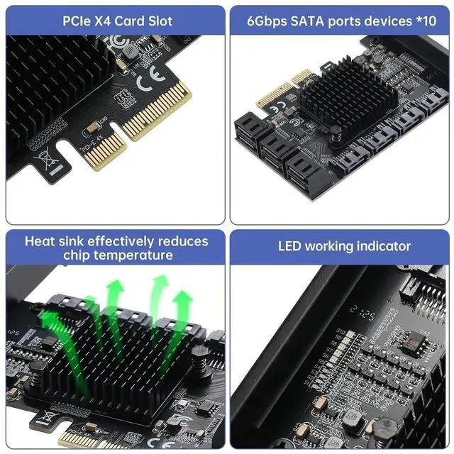 Alt view image 2 of 7 - Vszerda 10 Port PCIe to SATA 3.0 Expansion Card, PCIe X4 SATA III 6Gbps Controller Card with ASM1166 + JMB575 Dual Chips, Support HDD SSD NAS Mining Storage Expansion