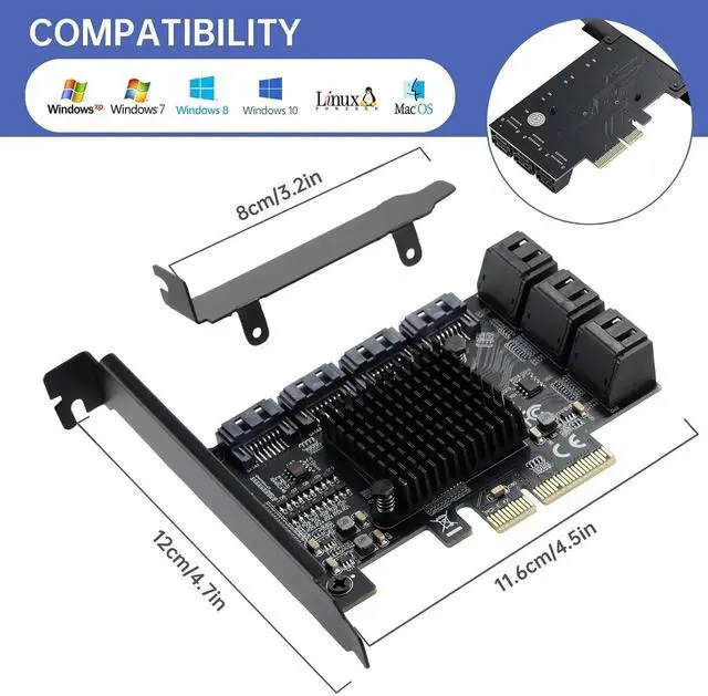 Alt view image 3 of 7 - Vszerda 10 Port PCIe to SATA 3.0 Expansion Card, PCIe X4 SATA III 6Gbps Controller Card with ASM1166 + JMB575 Dual Chips, Support HDD SSD NAS Mining Storage Expansion