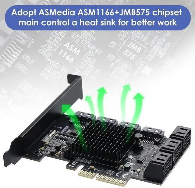 Alt view image 6 of 7 - Vszerda 10 Port PCIe to SATA 3.0 Expansion Card, PCIe X4 SATA III 6Gbps Controller Card with ASM1166 + JMB575 Dual Chips, Support HDD SSD NAS Mining Storage Expansion