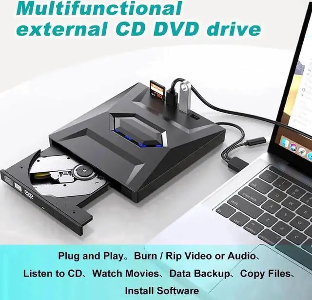 Alt view image 3 of 7 - Vszerda USB 3.0 & USB-C Slim External CD DVD Rewriter Burner with 2 USB Ports SD TF Card Reader, Low Noise High Speed Portable Optical Super Drive Compatible with Laptop Desktop PC