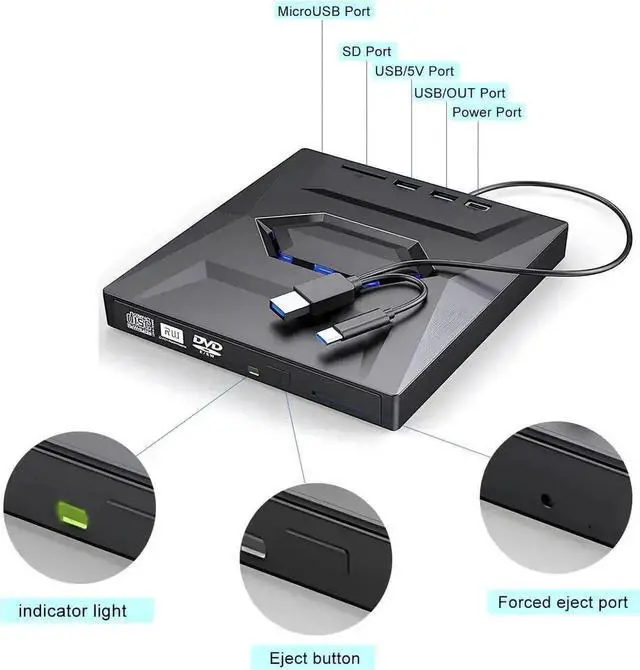 Alt view image 7 of 7 - Vszerda USB 3.0 & USB-C Slim External CD DVD Rewriter Burner with 2 USB Ports SD TF Card Reader, Low Noise High Speed Portable Optical Super Drive Compatible with Laptop Desktop PC