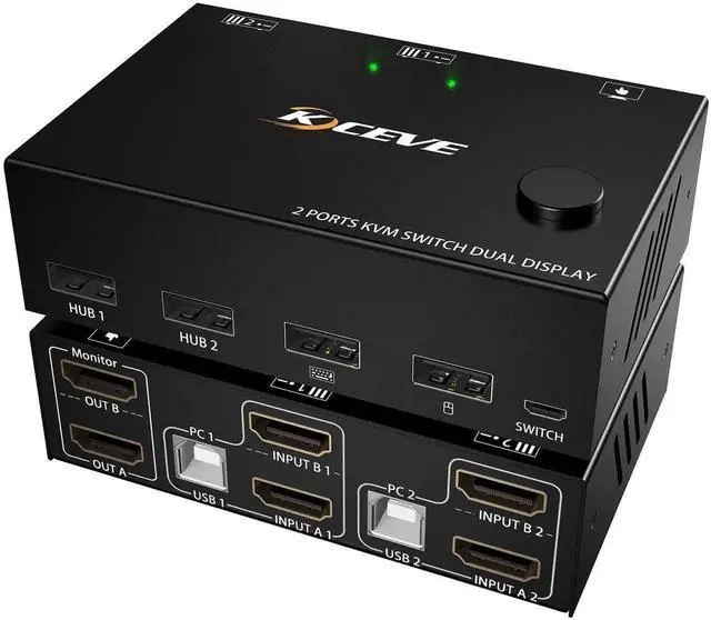 Main image of Dual Monitor HDMI KVM Switch 2 Computers 2 Monitors, 2 Port KVM Switcher with 4 USB Ports, 4K@30Hz 1080P@120Hz Support, Wired Remote Control & USB Cables Included for Keyboard Mouse Printer Scanner