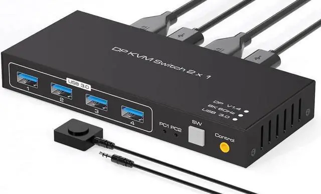 Main image of Vszerda 2 Port DisplayPort 1.4 USB 3.0 KVM Switch, 8K@60Hz 4K@120Hz 4K@144Hz KVM Switcher with 4 5Gbps USB Ports, FreeSync G-SYNC HDR, Wired Remote Included