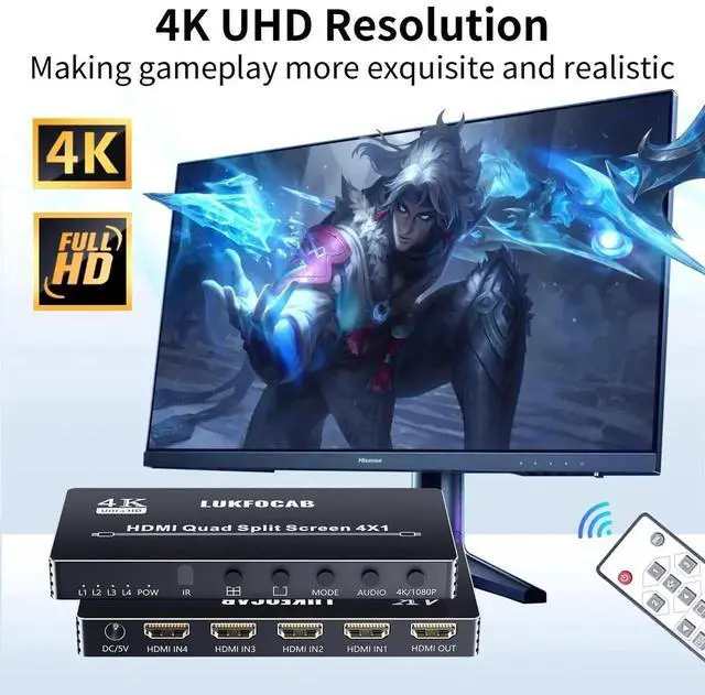 Alt view image 3 of 7 - 4X1 HDMI Quad Multi-Viewer Seamless Switcher 4 in 1 Out with IR Remote, Supports 4K@30Hz & 5 Adjustable Display Modes, Split Screen Multiview Box for Security Cameras, Game Consoles, Media Players