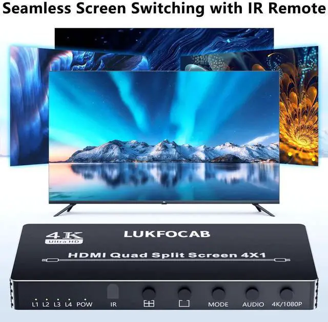 Alt view image 4 of 7 - 4X1 HDMI Quad Multi-Viewer Seamless Switcher 4 in 1 Out with IR Remote, Supports 4K@30Hz & 5 Adjustable Display Modes, Split Screen Multiview Box for Security Cameras, Game Consoles, Media Players