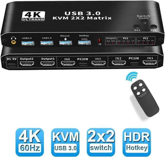 Main image of Vszerda 2x2 HDMI Matrix KVM Switch 4K@60Hz RGB 4:4:4, 2 PCs Share 2 Monitors Keyboard Mouse 2 USB3.0 Ports, Audio Port, One-Touch & Hotkey Switch
