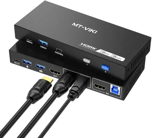 Main image of Vszerda MT-VIKI 2 Port HDMI USB 3.0 KVM Switch, 4K@60Hz 2K@144Hz, 4 USB 3.0 Ports (3 USB-A + 1 USB-C) for 2 Computers Share 1 Monitor