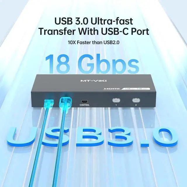 Alt view image 2 of 6 - Vszerda MT-VIKI 2 Port HDMI USB 3.0 KVM Switch, 4K@60Hz 2K@144Hz, 4 USB 3.0 Ports (3 USB-A + 1 USB-C) for 2 Computers Share 1 Monitor