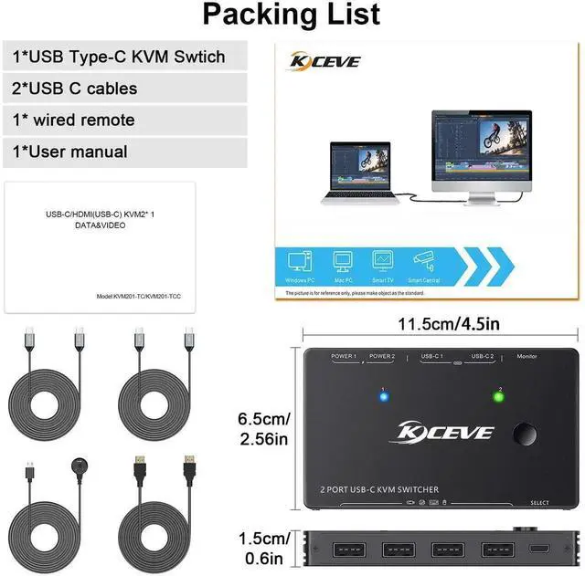 Alt view image 3 of 6 - Vszerda 2 Port USB-C KVM Switch 4K@60Hz, Type-C KVM Switcher with 87W PD Fast Charging for 2 Computers Share Monitor Keyboard Mouse