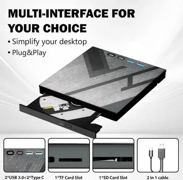 Alt view image 6 of 7 - Vszerda 7 in 1 External USB 3.0 Type C CD DVD Burner Drive with USB A SD TF Card Reader Portable DVD ROM Player for Laptop Desktop Windows Linux